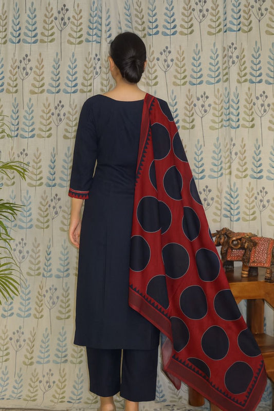 Blue Cotton Kurti with Ajarakh Print in Yoke & Sleeves