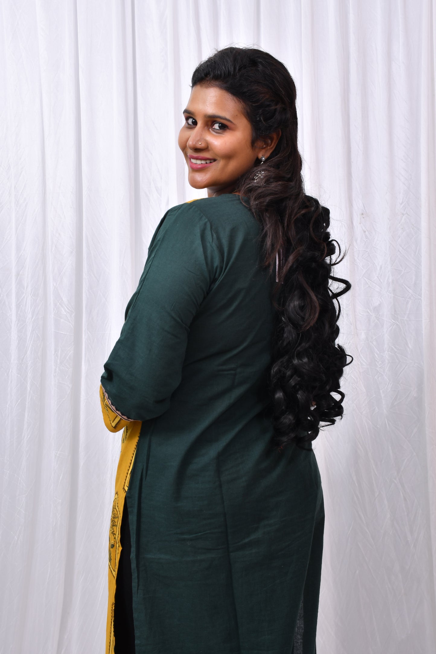 Yellow & Green Cotton Kurti with Ajarakh Print and Mirror Work