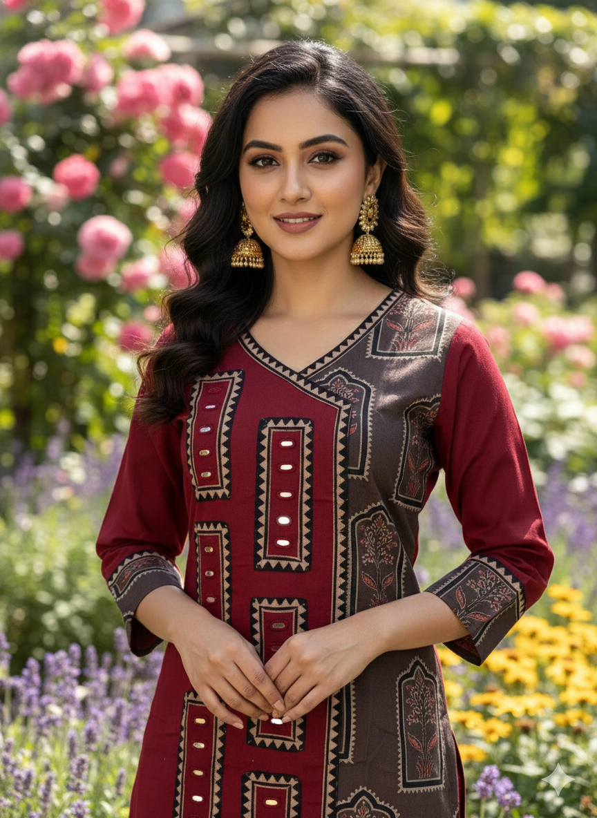 Yellow & Green Cotton Kurti with Ajarakh Print and Mirror Work