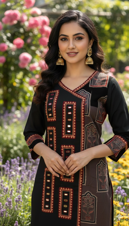 Yellow & Green Cotton Kurti with Ajarakh Print and Mirror Work