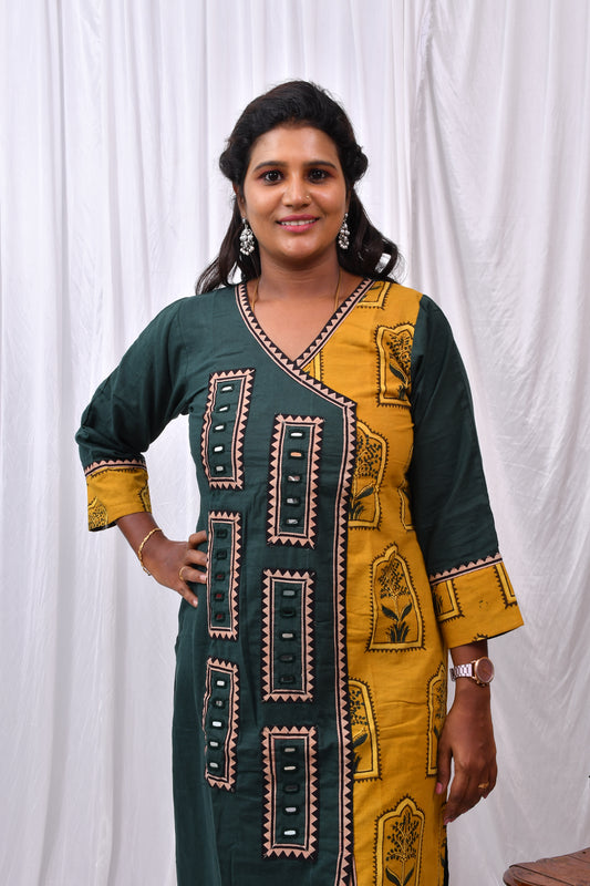 Yellow & Green Cotton Kurti with Ajarakh Print and Mirror Work