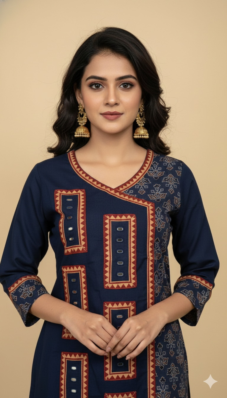 Yellow & Green Cotton Kurti with Ajarakh Print and Mirror Work