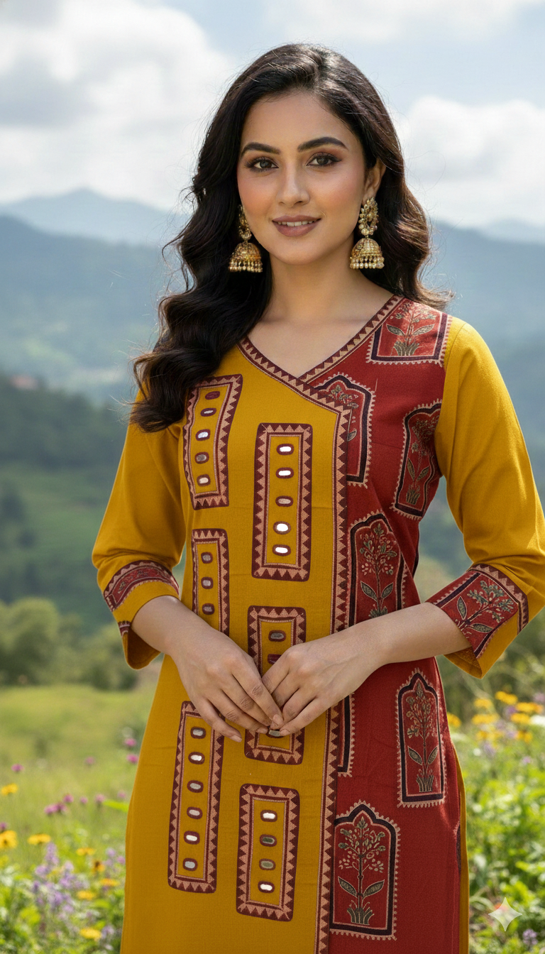 Yellow & Green Cotton Kurti with Ajarakh Print and Mirror Work