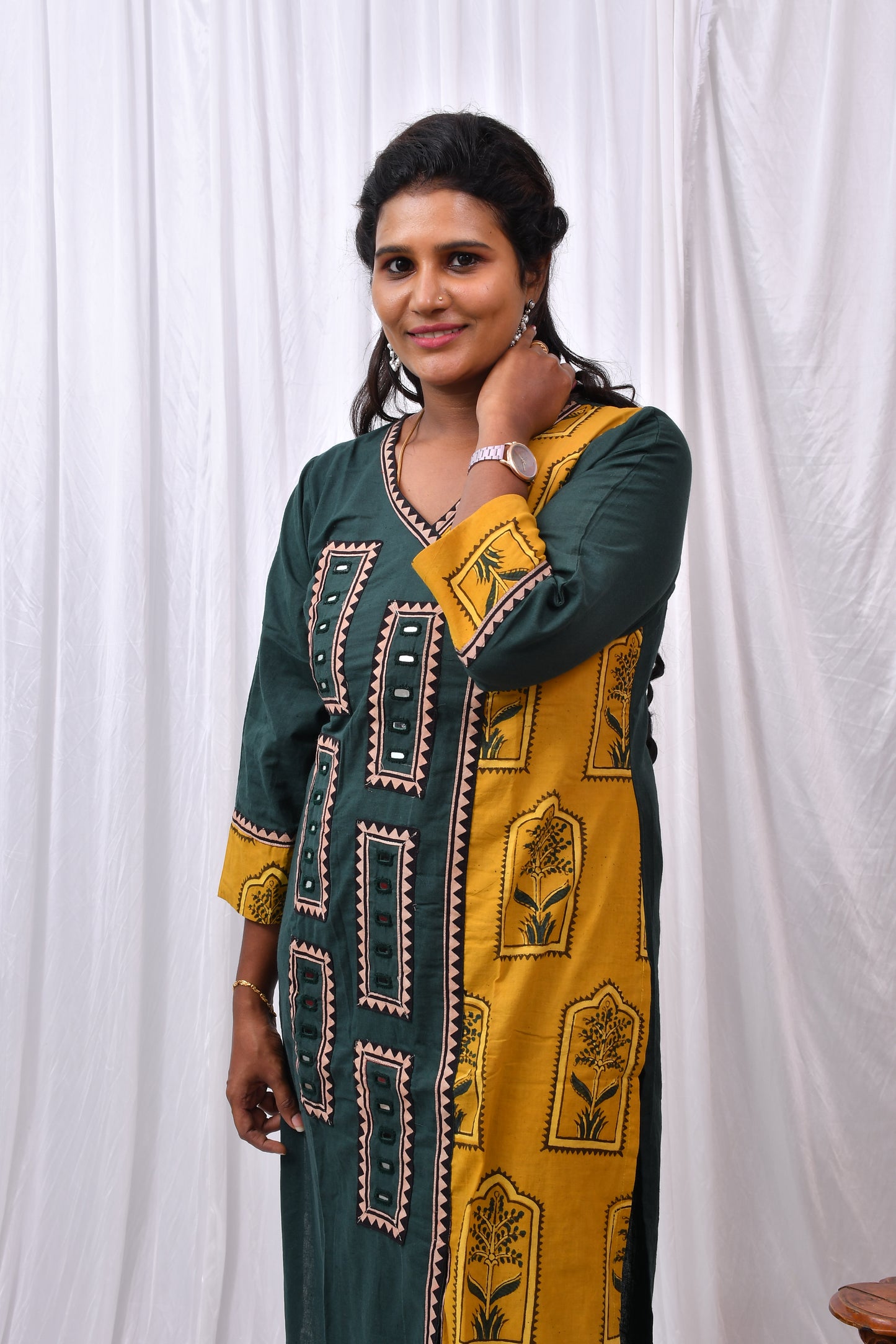 Yellow & Green Cotton Kurti with Ajarakh Print and Mirror Work
