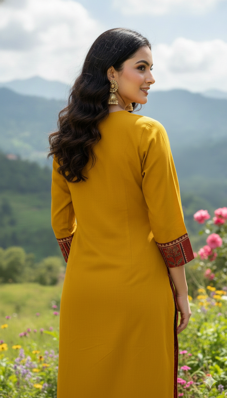 Yellow & Green Cotton Kurti with Ajarakh Print and Mirror Work
