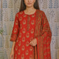 Red Cotton Kurti Set with All-Over Print & Mul Dupatta