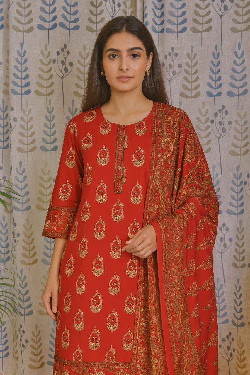 Red Cotton Kurti Set with All-Over Print & Mul Dupatta