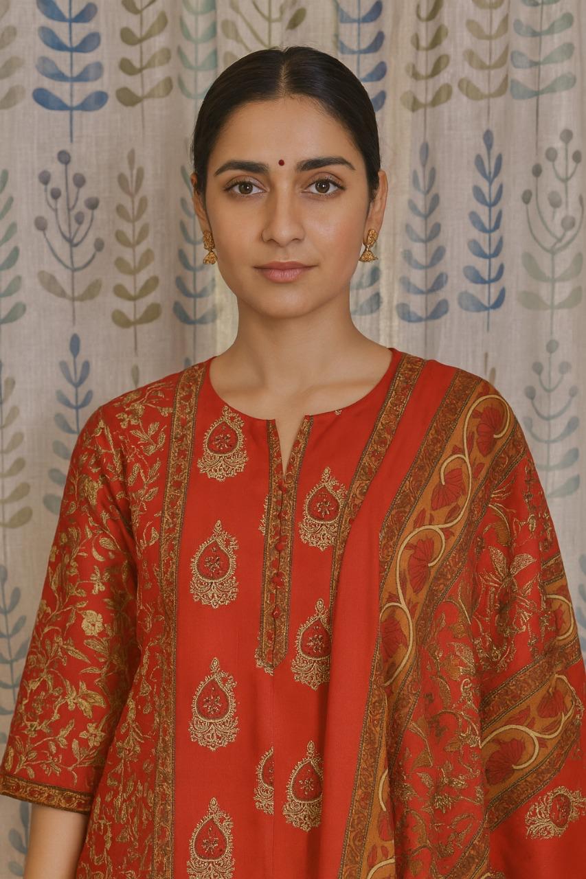Red Cotton Kurti Set with All-Over Print & Mul Dupatta