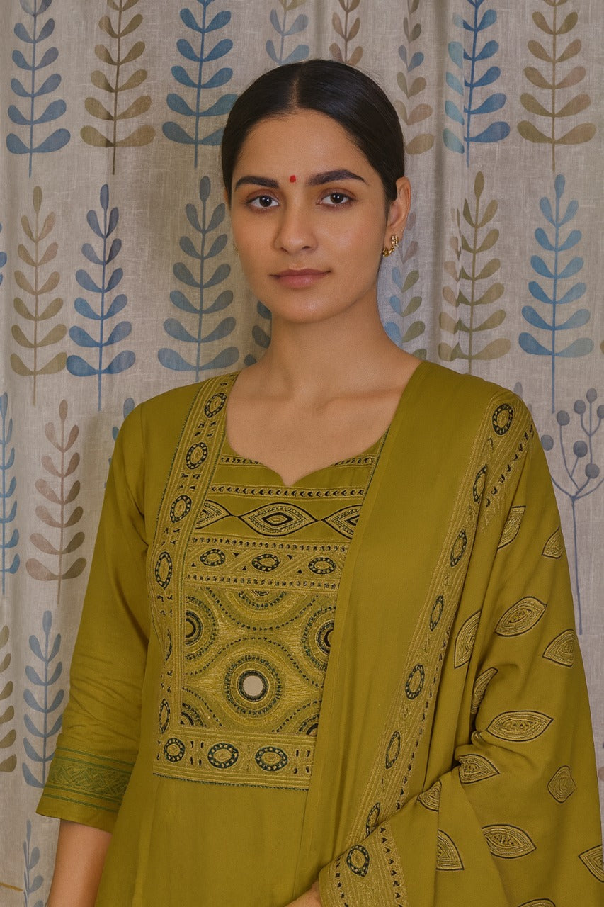Green Cotton Kurti Set with Printed Yoke & Mul Dupatta