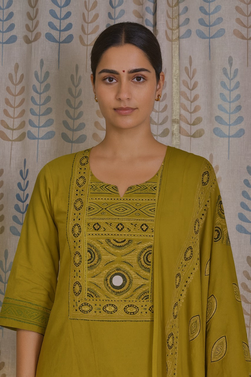 Green Cotton Kurti Set with Printed Yoke & Mul Dupatta