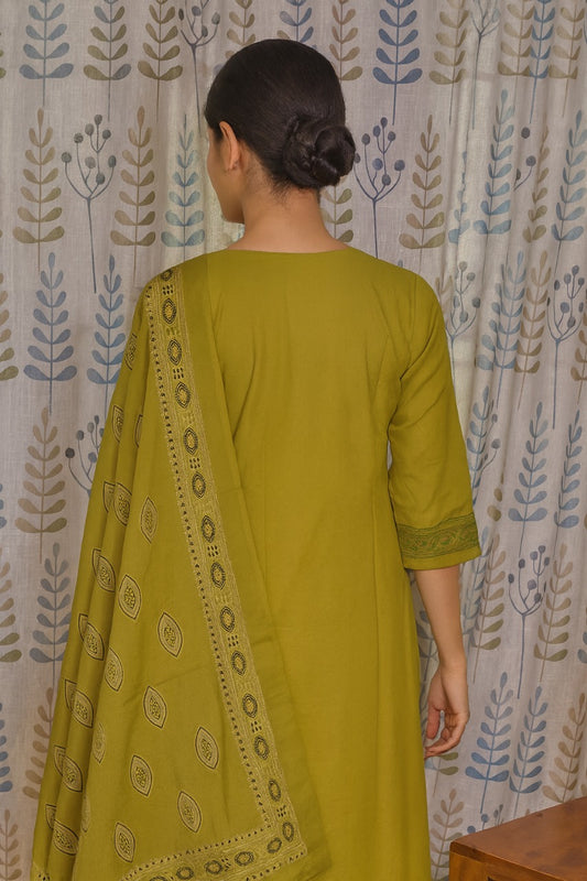 Green Cotton Kurti Set with Printed Yoke & Mul Dupatta