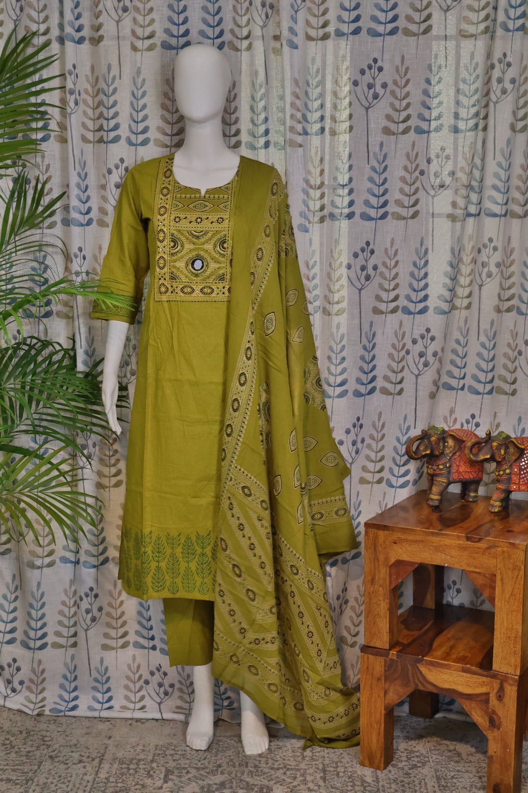 Green Cotton Kurti Set with Printed Yoke & Mul Dupatta