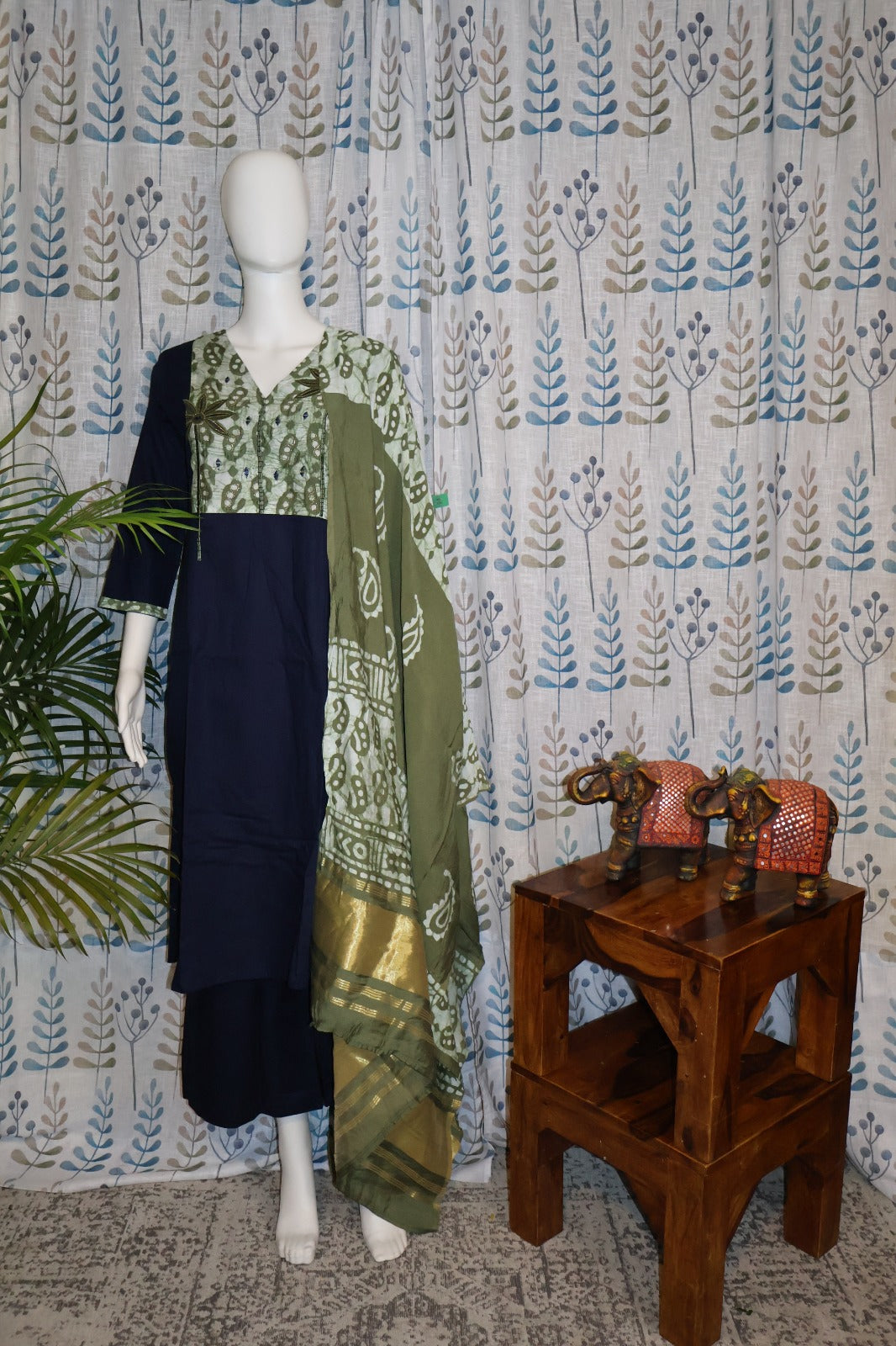 Blue-Green Cotton Kurti Set with Embroidery & Mul Dupatta – 3PC