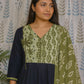 Blue-Green Cotton Kurti Set with Embroidery & Mul Dupatta – 3PC