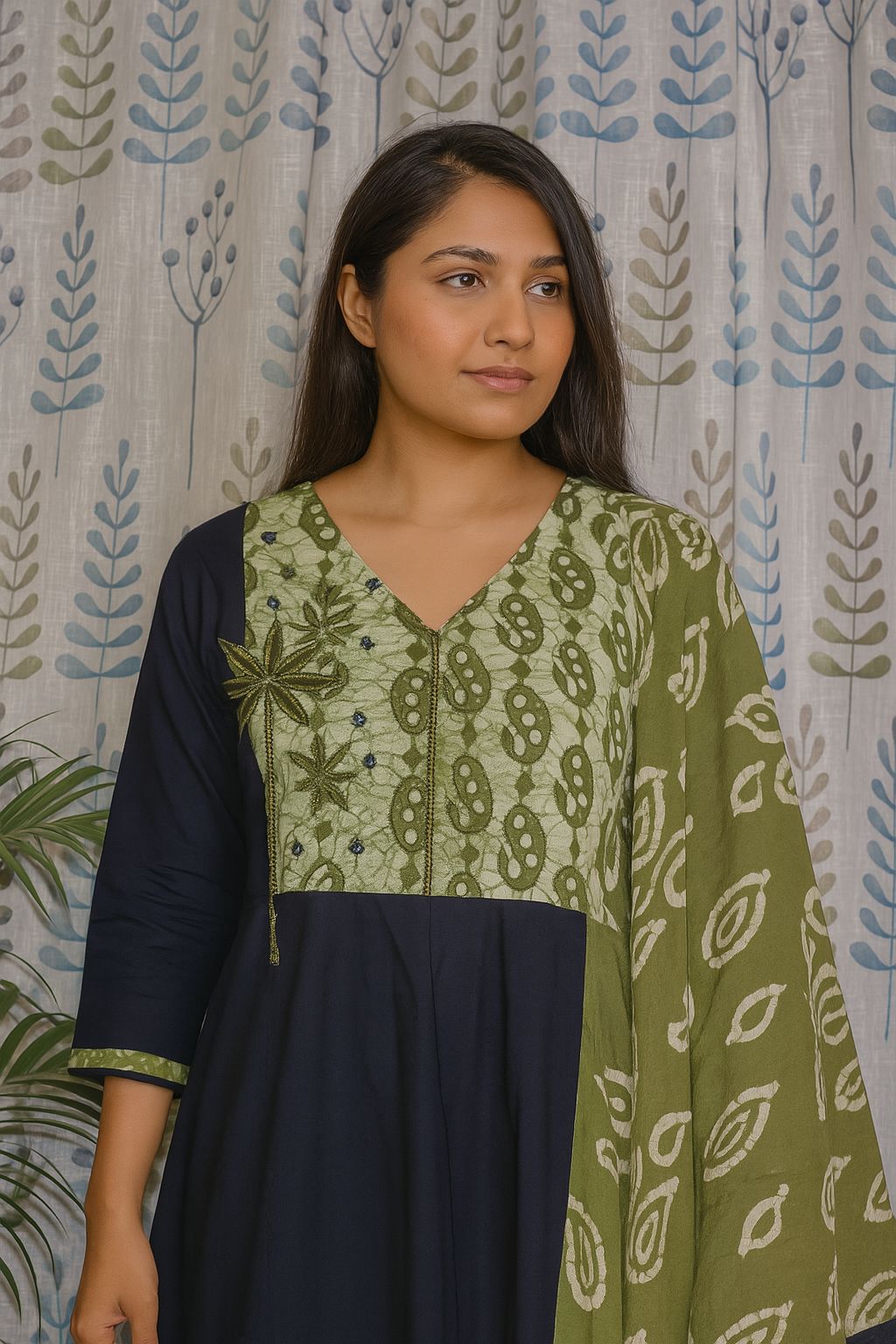 Blue-Green Cotton Kurti Set with Embroidery & Mul Dupatta – 3PC