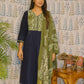 Blue-Green Cotton Kurti Set with Embroidery & Mul Dupatta – 3PC