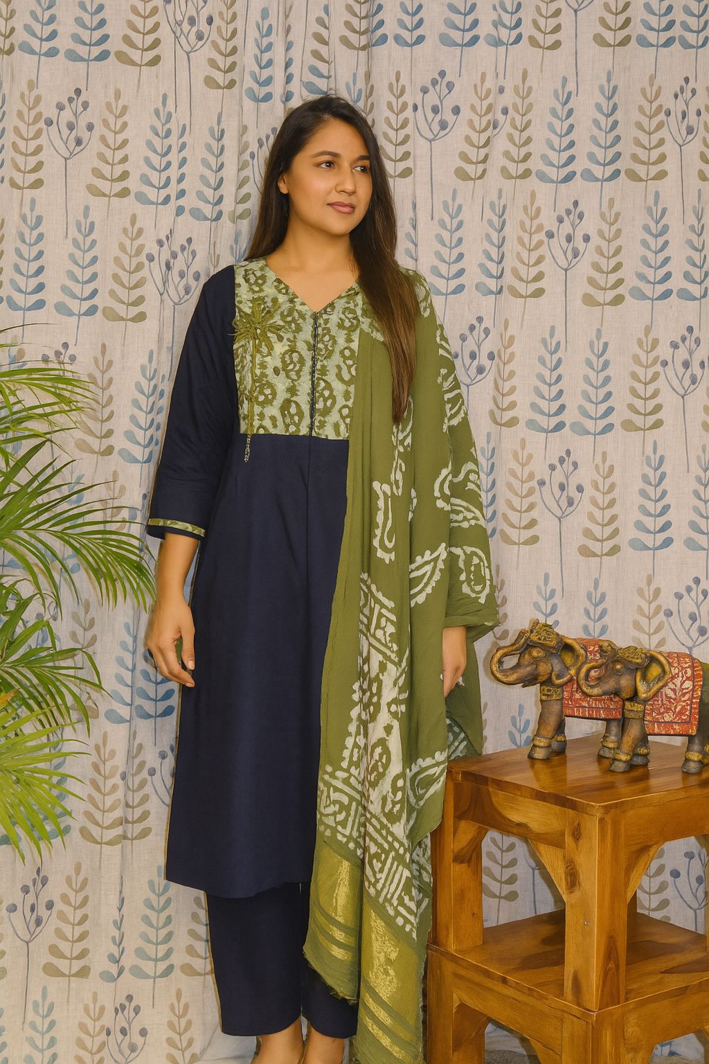 Blue-Green Cotton Kurti Set with Embroidery & Mul Dupatta – 3PC