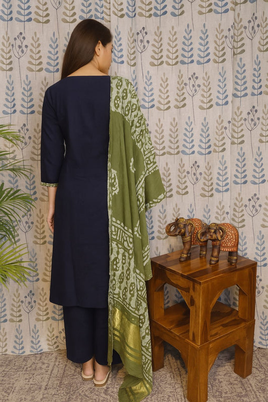 Blue-Green Cotton Kurti Set with Embroidery & Mul Dupatta – 3PC