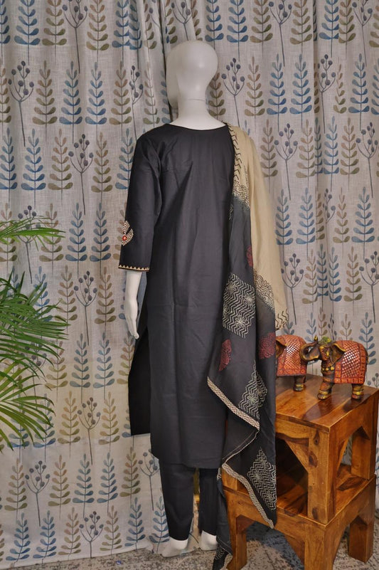 Black Cotton 3-Piece Set with Mirror Work