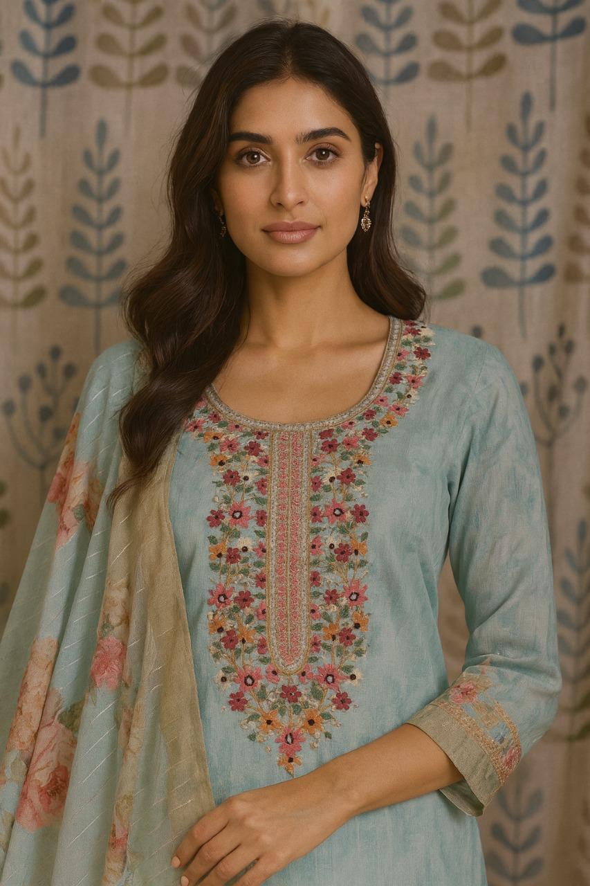 Light Blue Jute Cotton Kurti Set with Embroidery & Dupatta
