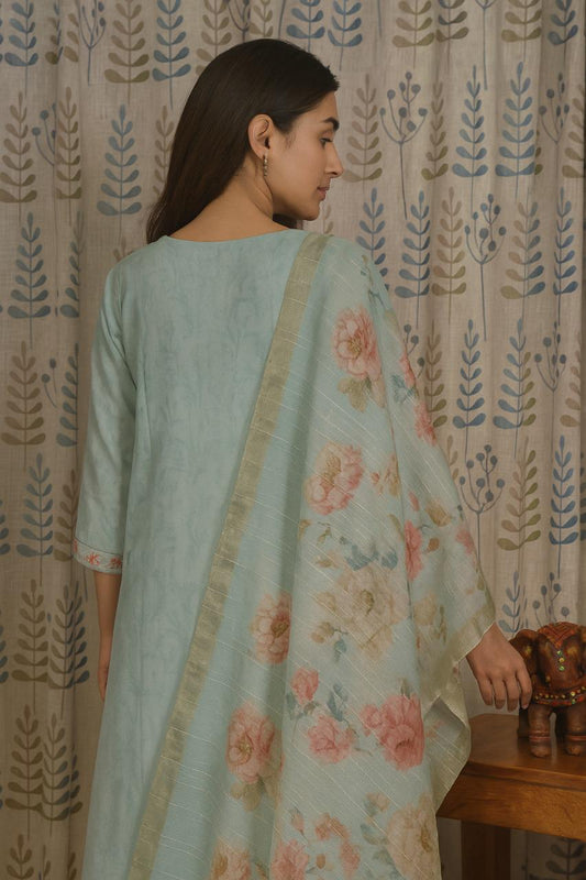 Light Blue Jute Cotton Kurti Set with Embroidery & Dupatta