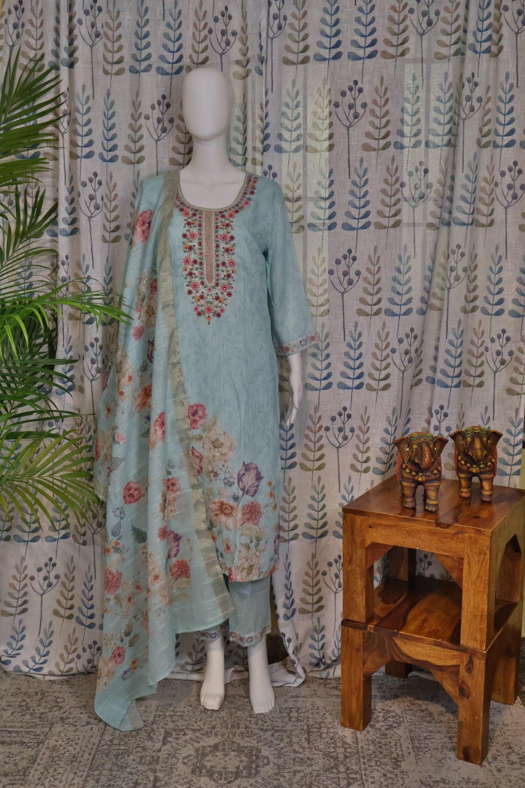 Light Blue Jute Cotton Kurti Set with Embroidery & Dupatta