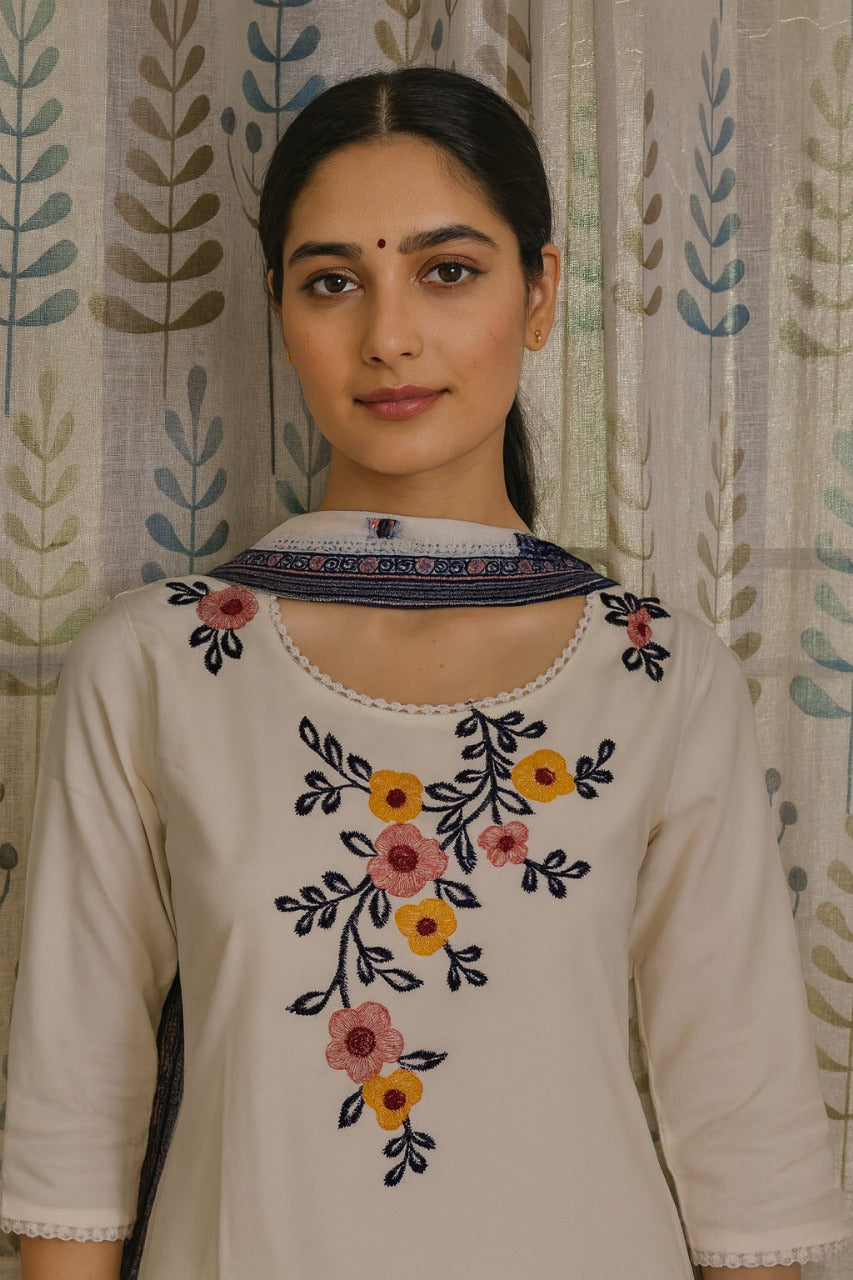 Half White Embroidered Cotton Kurti Set with Floral Digital Dupatta