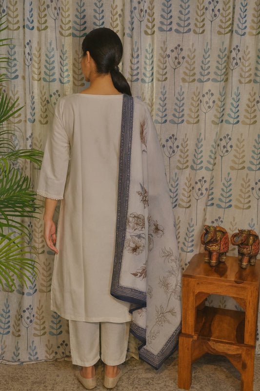 Half White Embroidered Cotton Kurti Set with Floral Digital Dupatta