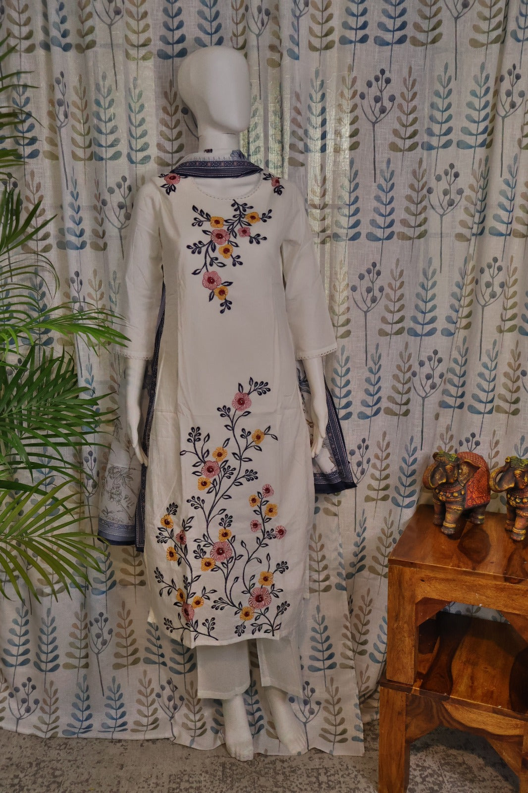Half White Embroidered Cotton Kurti Set with Floral Digital Dupatta