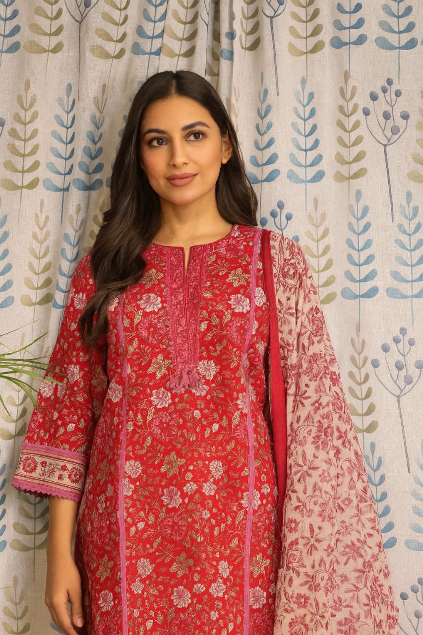 Rani Pink Cotton Kurti Set with Lace Yoke & Printed Dupatta