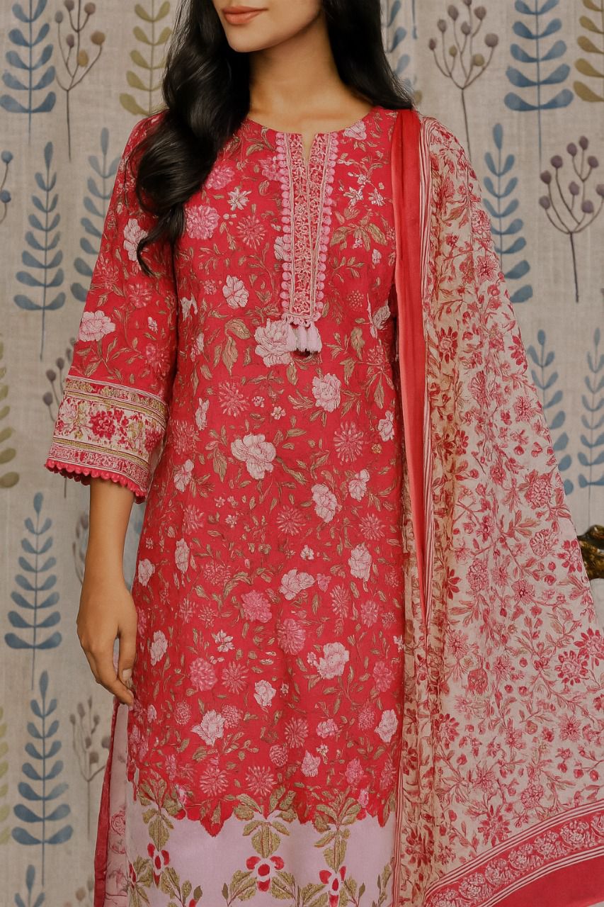 Rani Pink Cotton Kurti Set with Lace Yoke & Printed Dupatta