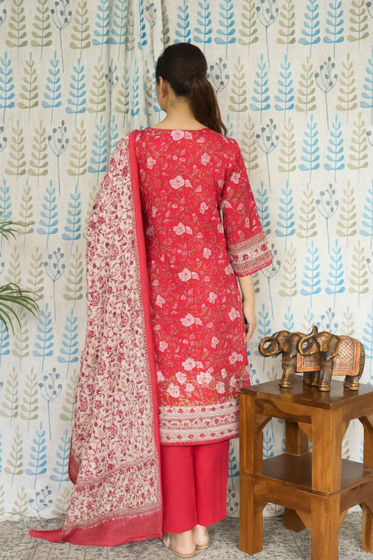 Rani Pink Cotton Kurti Set with Lace Yoke & Printed Dupatta