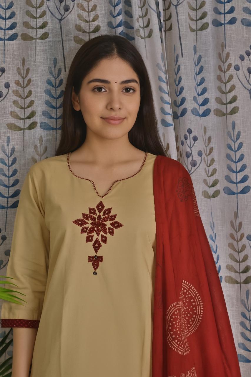 Light Brown Cotton 3-Piece Set with Kaatha Work