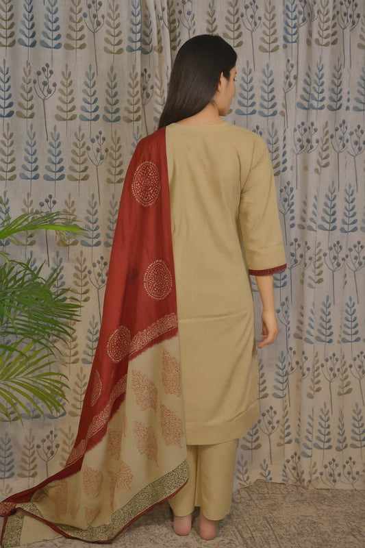 Light Brown Cotton 3-Piece Set with Kaatha Work