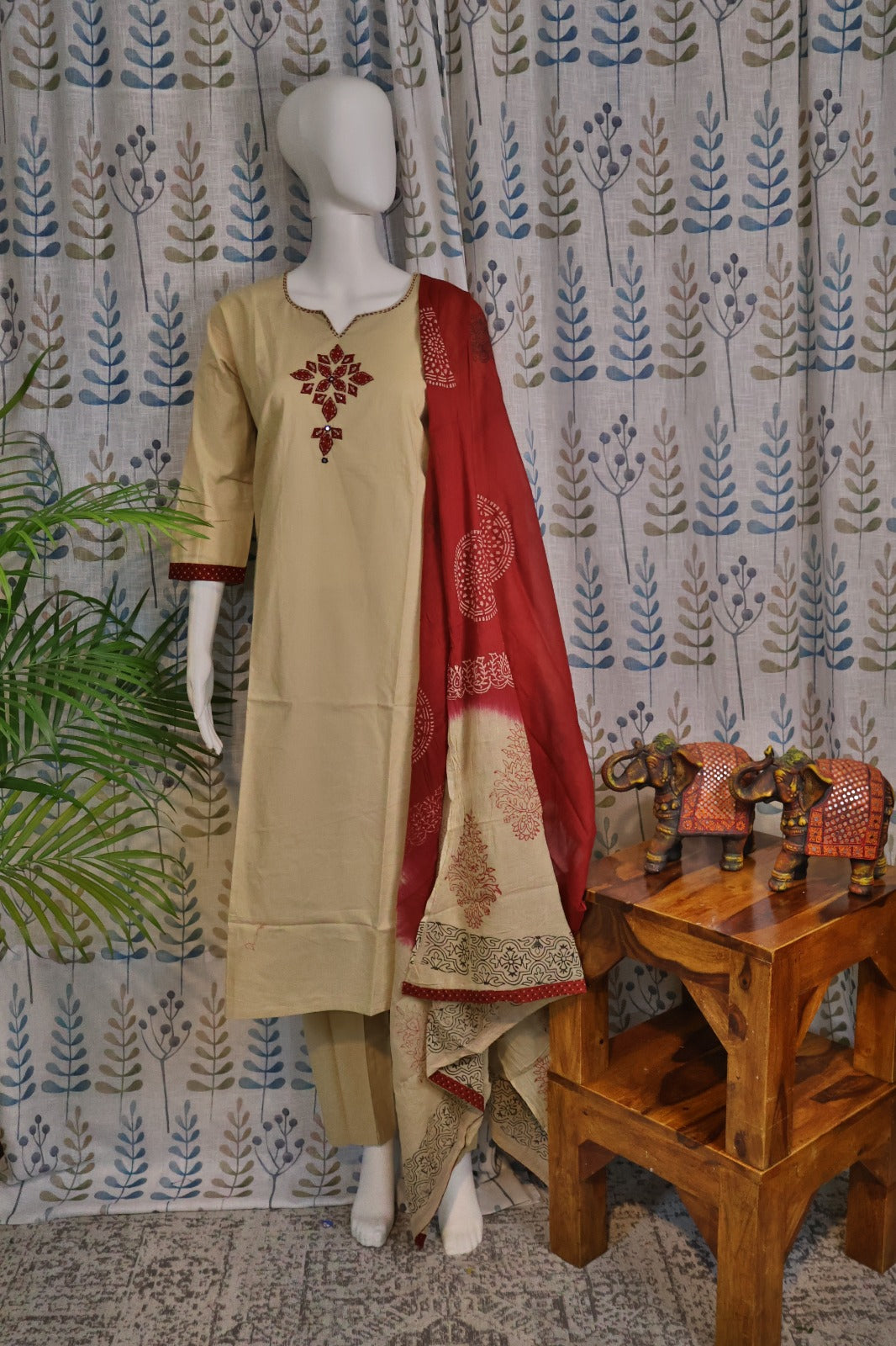 Light Brown Cotton 3-Piece Set with Kaatha Work