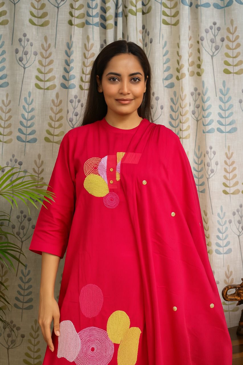 Rani Pink Cotton Kurti Set with Embroidery & Dupatta
