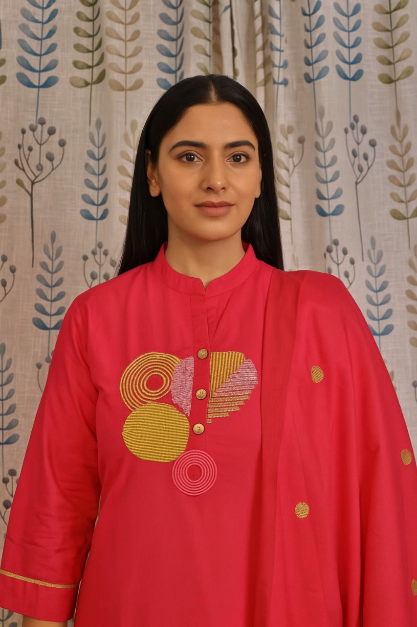 Rani Pink Cotton Kurti Set with Embroidery & Dupatta