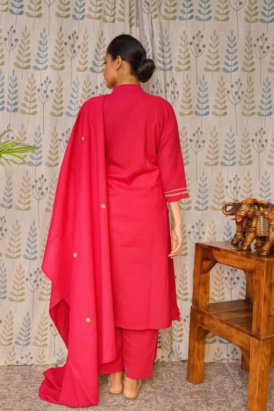 Rani Pink Cotton Kurti Set with Embroidery & Dupatta
