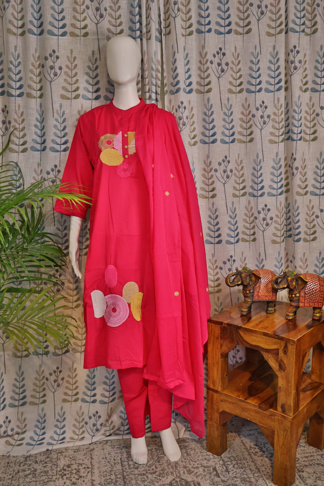 Rani Pink Cotton Kurti Set with Embroidery & Dupatta