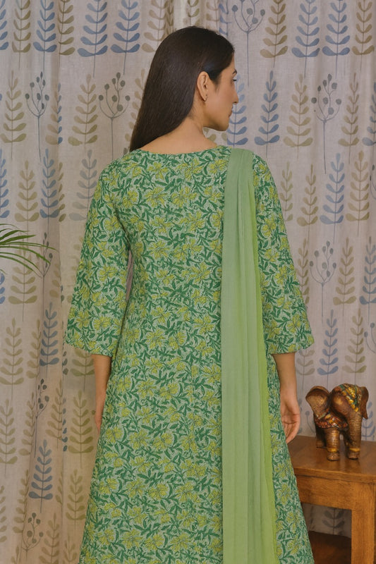 Green Cotton Anarkali Kurti Set with Zari Neck & Dupatta