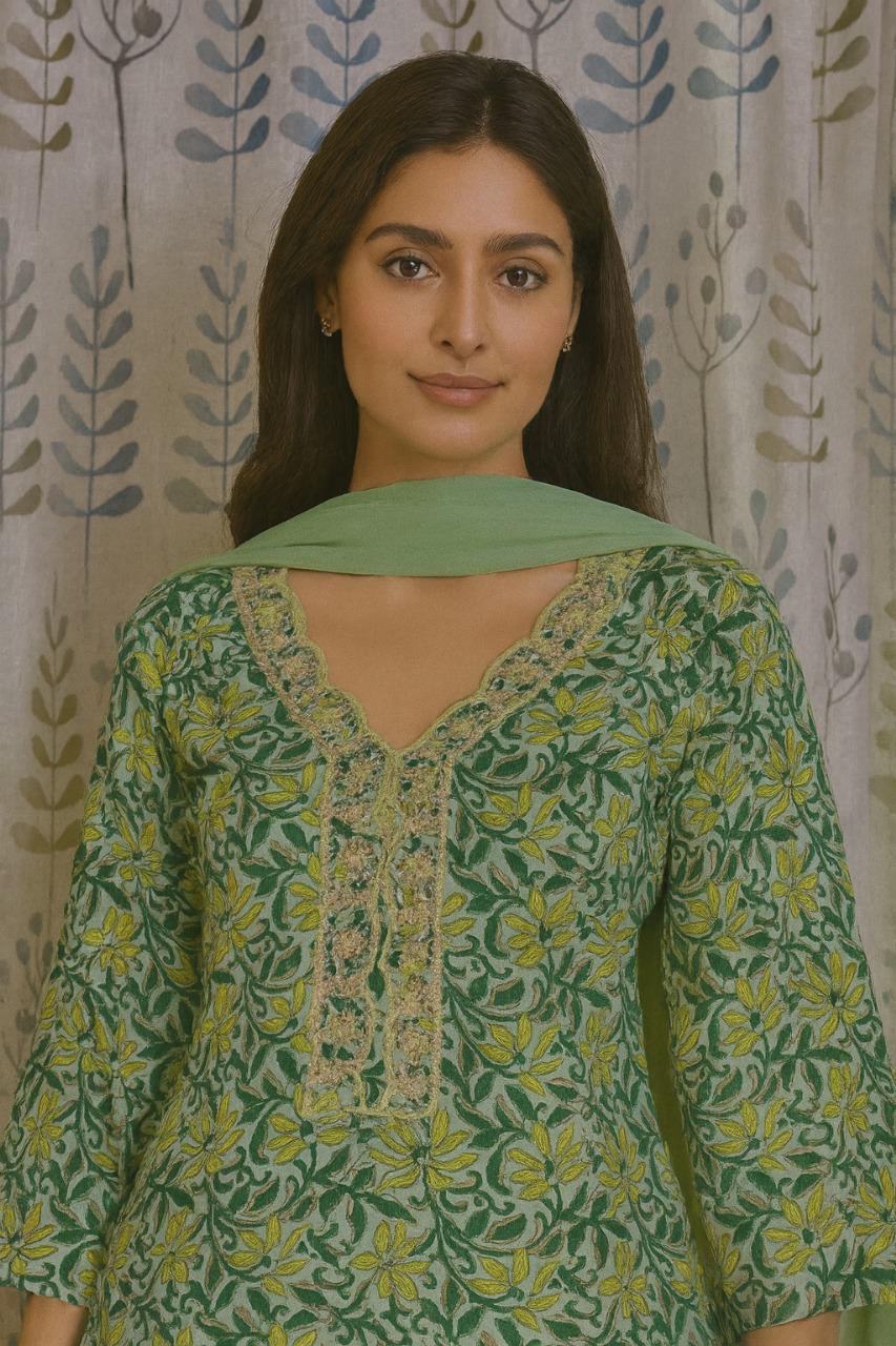 Green Cotton Anarkali Kurti Set with Zari Neck & Dupatta