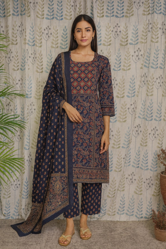 Blue & Red Cotton Floral Kurti Set with Printed Dupatta