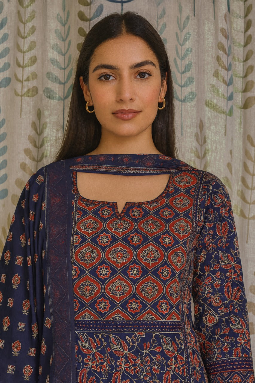 Blue & Red Cotton Floral Kurti Set with Printed Dupatta