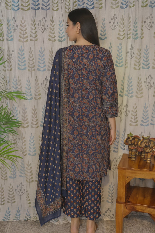 Blue & Red Cotton Floral Kurti Set with Printed Dupatta