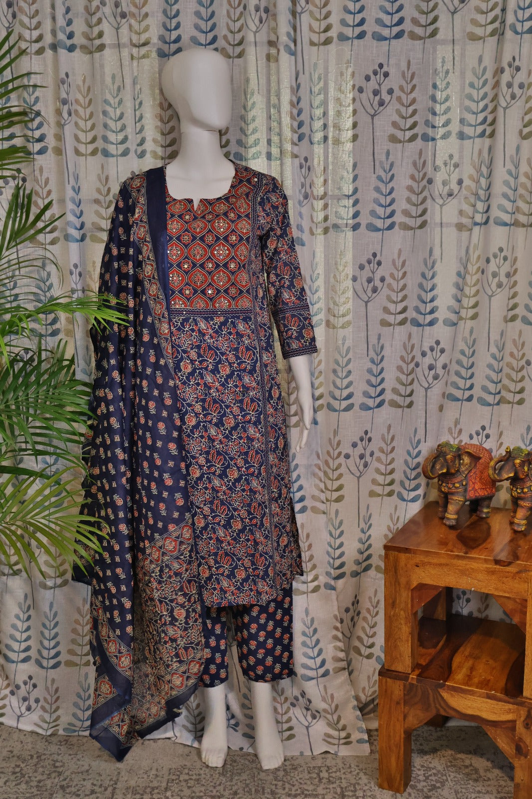 Blue & Red Cotton Floral Kurti Set with Printed Dupatta
