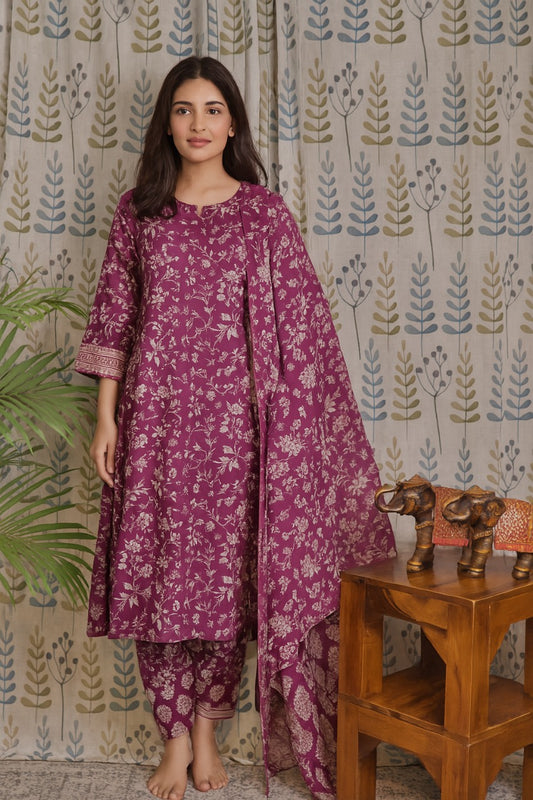 Magenta Cotton Kurti Set with Mul Dupatta – 3 Piece Set