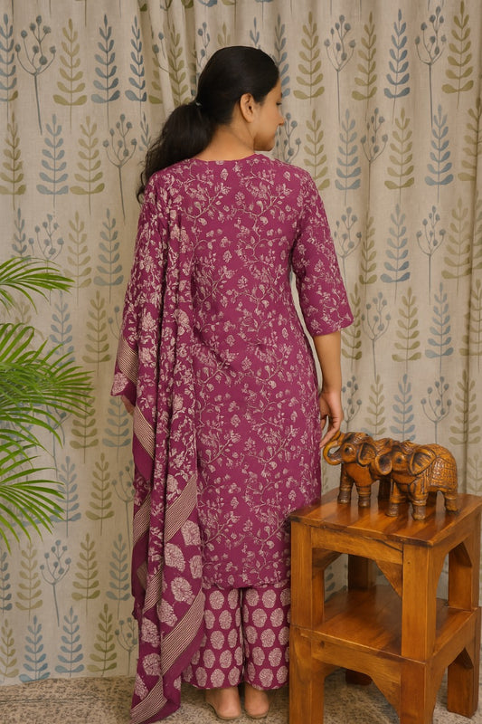 Magenta Cotton Kurti Set with Mul Dupatta – 3 Piece Set