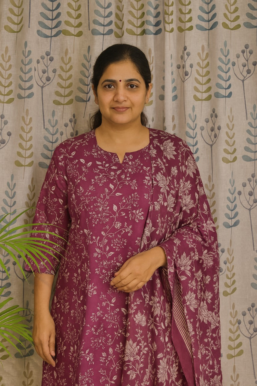 Magenta Cotton Kurti Set with Mul Dupatta – 3 Piece Set