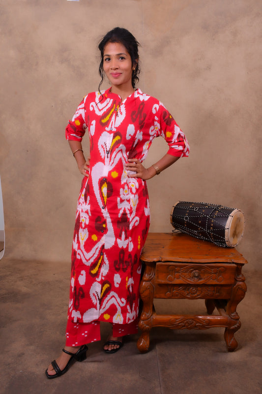 Cotton Ikkat Print Co-Ord Set for Women with Straight Cut Pants