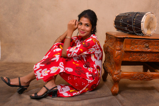Cotton Ikkat Print Co-Ord Set for Women with Straight Cut Pants